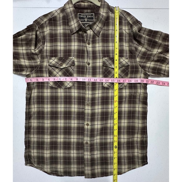 True Grit‎ Lightweight Shirt Plaid Long Sleeve Button Up Brown & Tan Knit Sz M - Picture 5 of 5